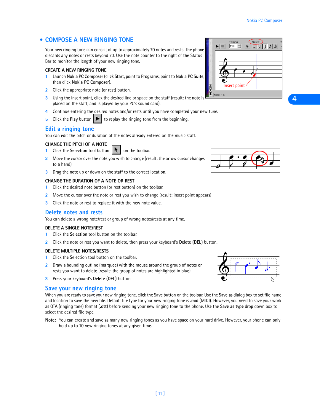 Nokia 3320, 3360 manual Compose a NEW Ringing Tone, Edit a ringing tone, Delete notes and rests, Save your new ringing tone 