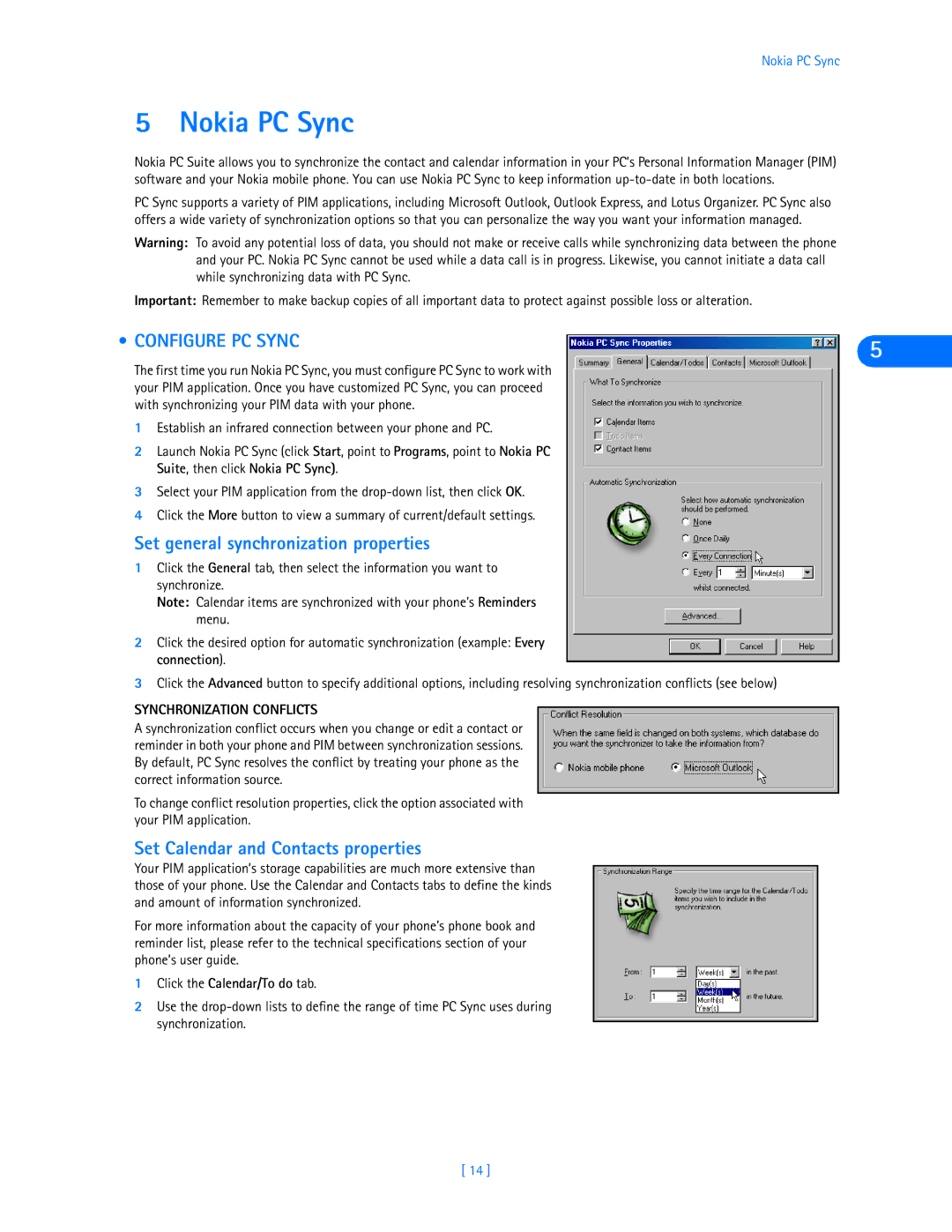 Nokia 3320, 3360 manual Nokia PC Sync, Configure PC Sync, Set general synchronization properties, Synchronization Conflicts 