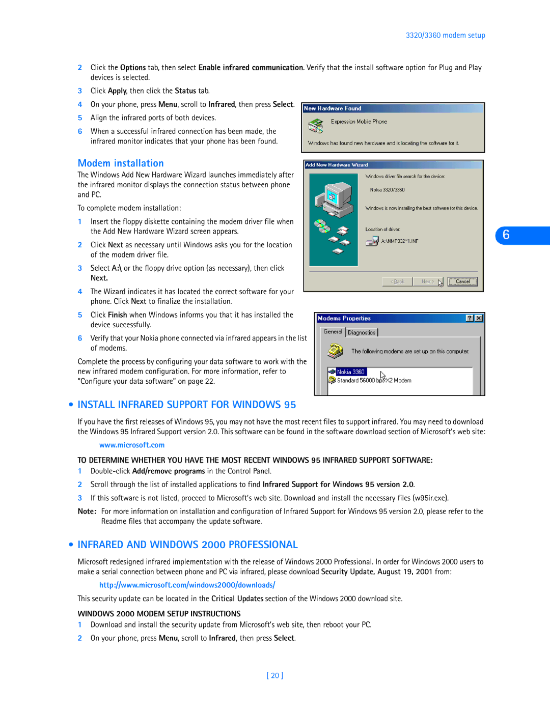 Nokia 3320, 3360 Modem installation, Install Infrared Support for Windows, Infrared and Windows 2000 Professional, Next 