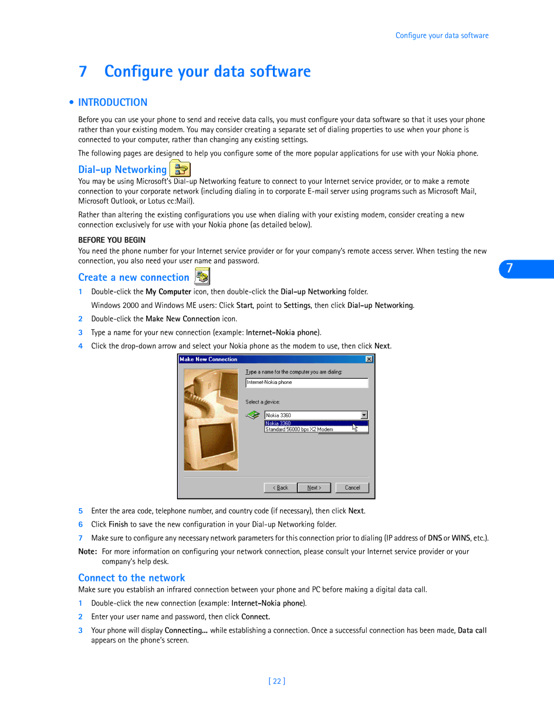 Nokia 3320, 3360 manual Configure your data software, Introduction, Dial-up Networking, Create a new connection 