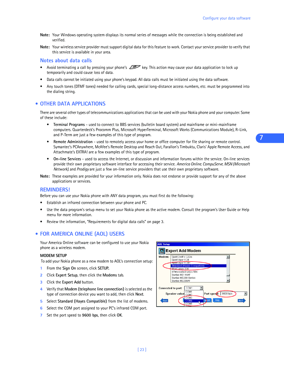 Nokia 3320, 3360 manual Other Data Applications, Reminders, For America Online AOL Users, Modem Setup 