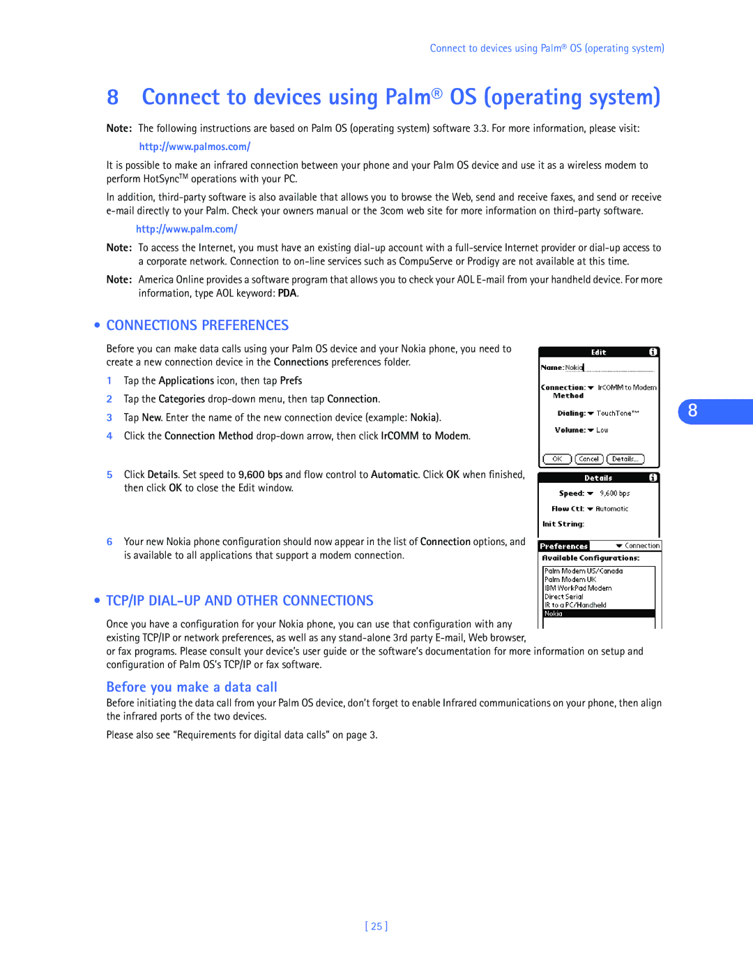 Nokia 3320, 3360 Connect to devices using Palm OS operating system, Connections Preferences, Before you make a data call 