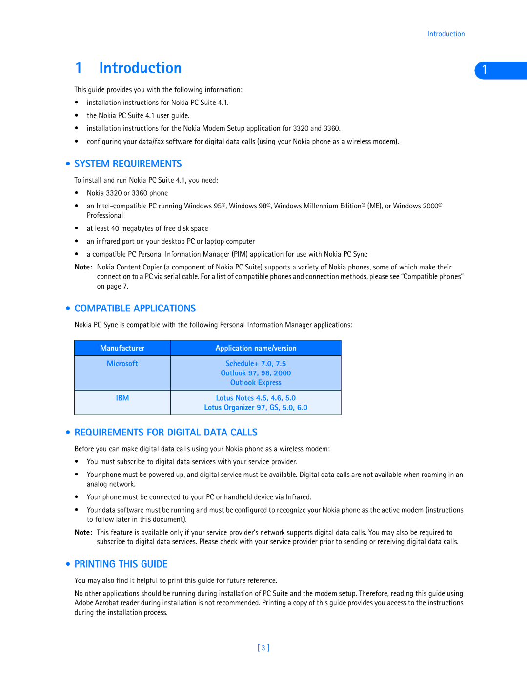 Nokia 3320, 3360 manual Introduction, System Requirements, Compatible Applications, Requirements for Digital Data Calls 