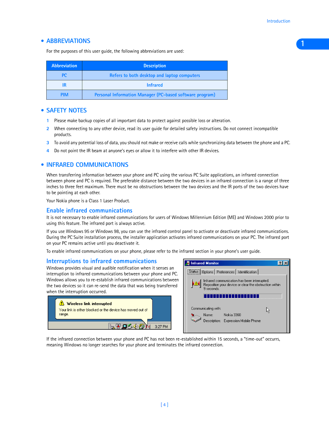 Nokia 3320, 3360 manual Abbreviations, Safety Notes, Infrared Communications, Enable infrared communications 