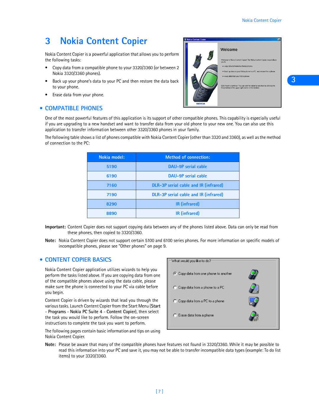 Nokia 3320, 3360 manual Nokia Content Copier, Compatible Phones, Content Copier Basics, Nokia model Method of connection 