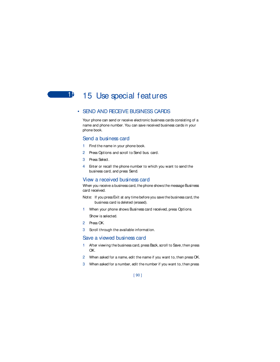Nokia 3360 15 15 Use special features, Send and Receive Business Cards, Send a business card, Save a viewed business card 