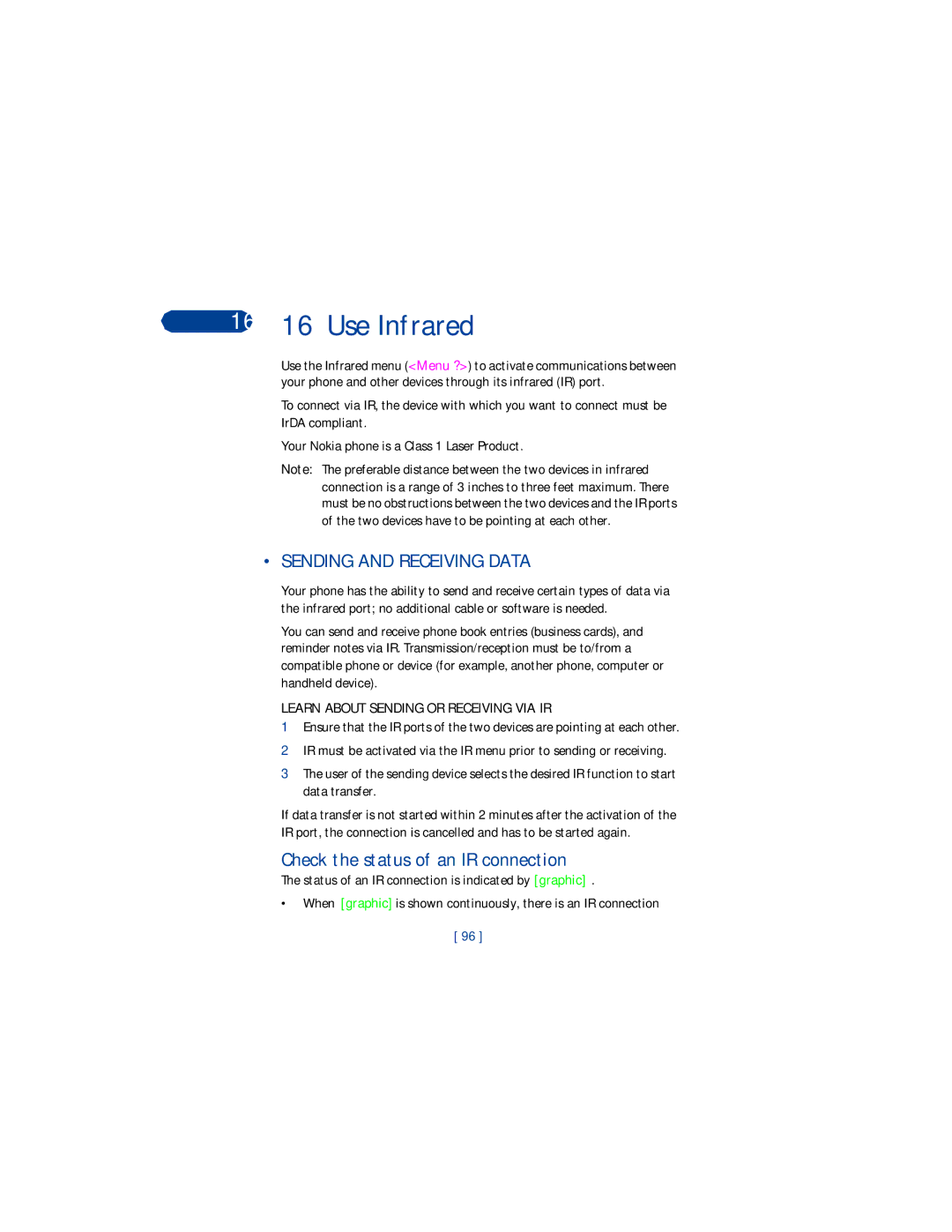 Nokia 3360 manual 16 16 Use Infrared, Sending and Receiving Data, Check the status of an IR connection 