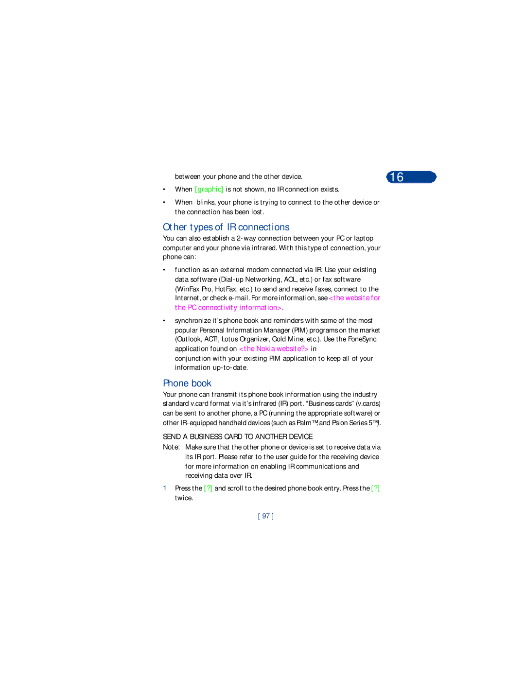 Nokia 3360 manual Other types of IR connections, Phone book, Send a Business Card to Another Device 
