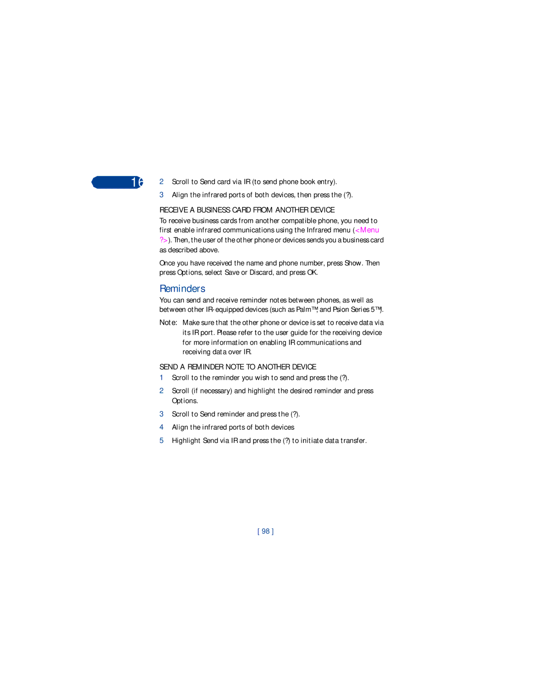Nokia 3360 Reminders, Align the infrared ports of both devices, then press the ?, Send a Reminder Note to Another Device 