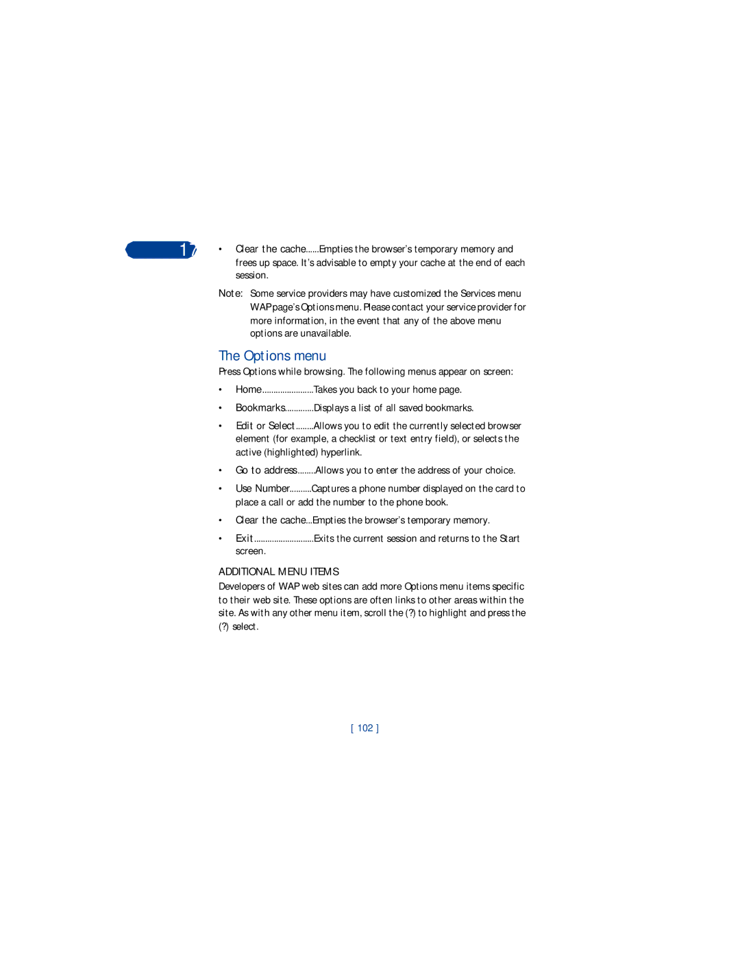 Nokia 3360 manual Options menu, Exit, Additional Menu Items, 102 