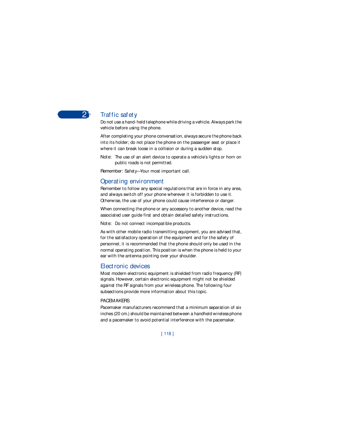 Nokia 3360 manual Traffic safety, Operating environment, Electronic devices, Pacemakers, 118 
