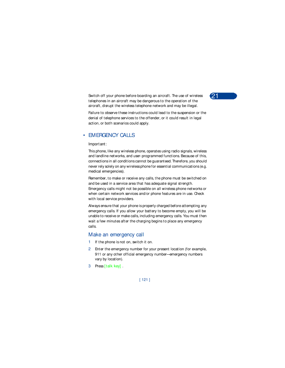 Nokia 3360 manual Emergency Calls, Make an emergency call, 121 