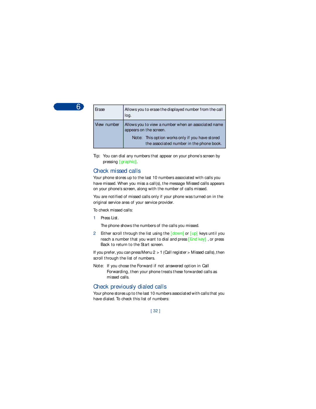 Nokia 3360 manual Check missed calls, Check previously dialed calls, Erase, Log, Appears on the screen 