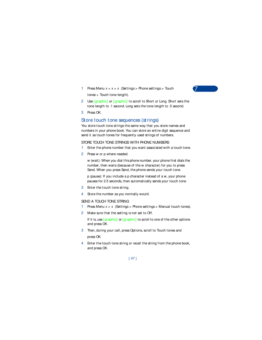 Nokia 3360 manual Store touch tone sequences strings, Tones Touch tone length, Store Touch Tone Strings with Phone Numbers 