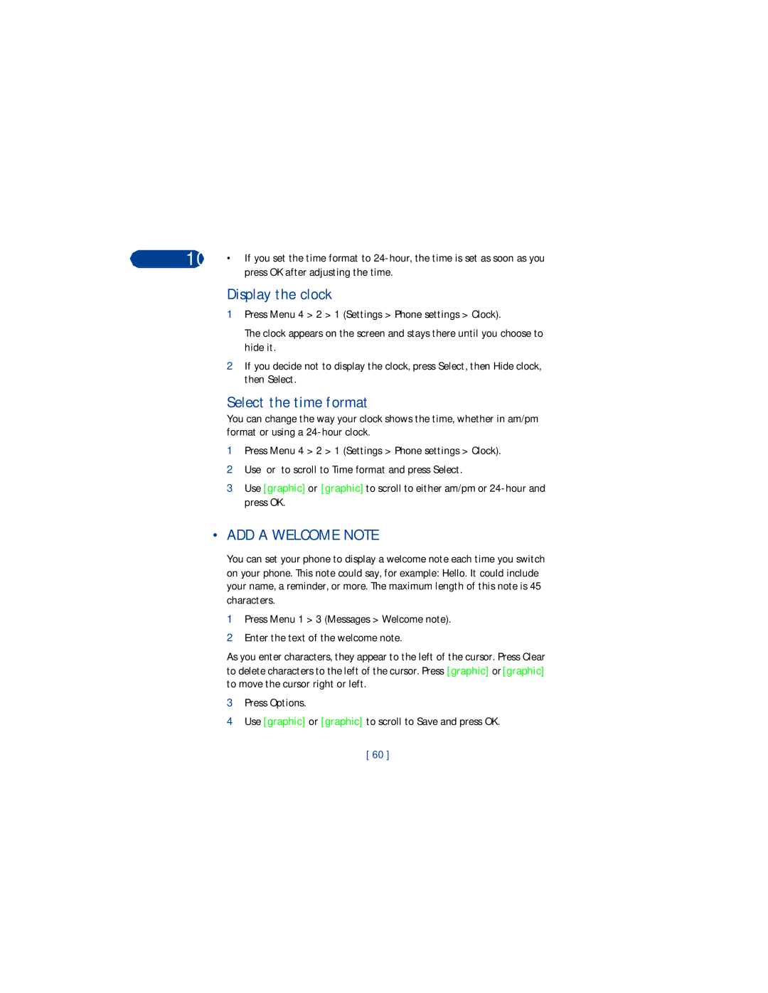 Nokia 3360 manual Display the clock, Select the time format, ADD a Welcome Note, Press OK after adjusting the time 