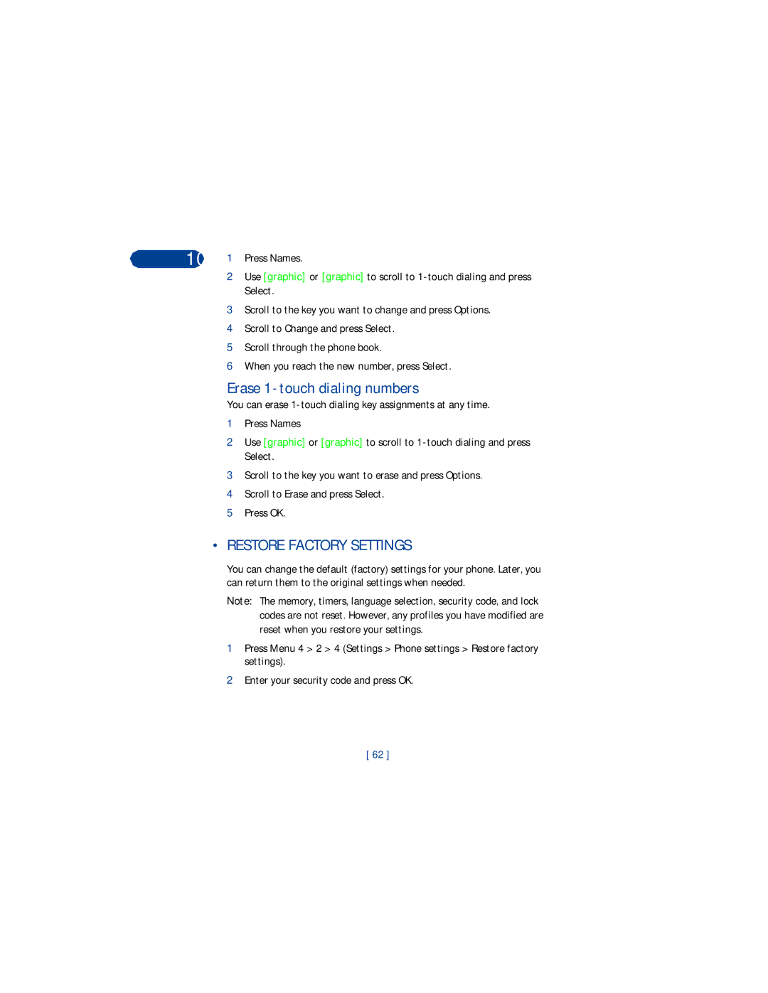 Nokia 3360 manual Erase 1-touch dialing numbers, Restore Factory Settings 