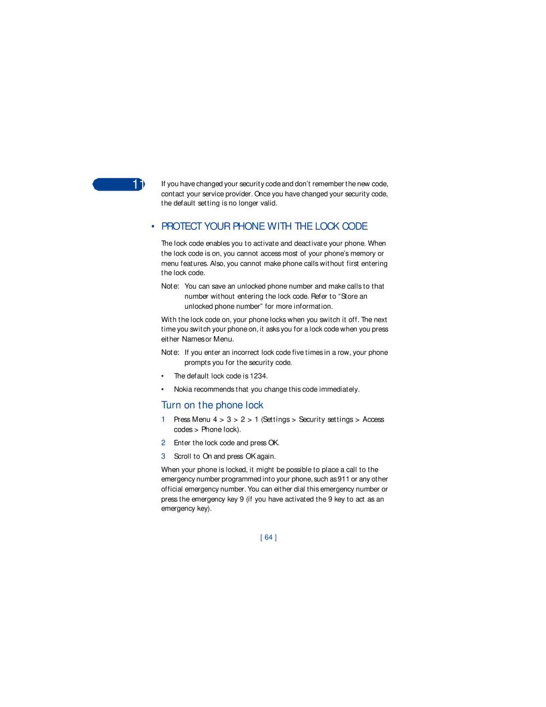 Nokia 3360 manual Protect Your Phone with the Lock Code, Turn on the phone lock, Default setting is no longer valid 