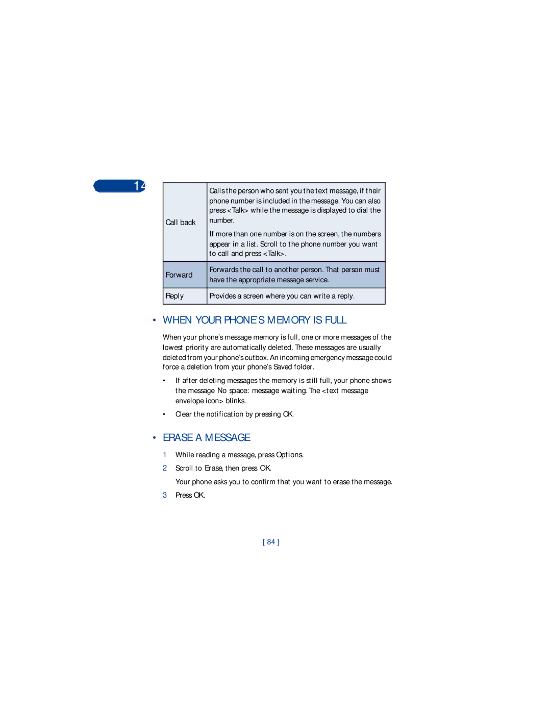 Nokia 3360 manual When Your PHONE’S Memory is Full, Erase a Message, Call back, Forward, Reply 