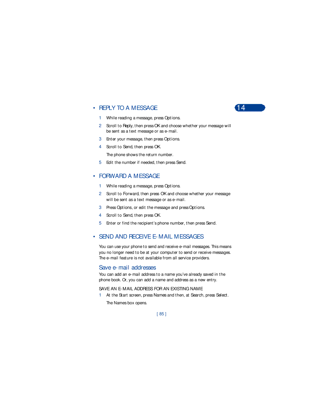 Nokia 3360 manual Reply to a Message, Forward a Message, Send and Receive E-MAIL Messages, Save e-mail addresses 
