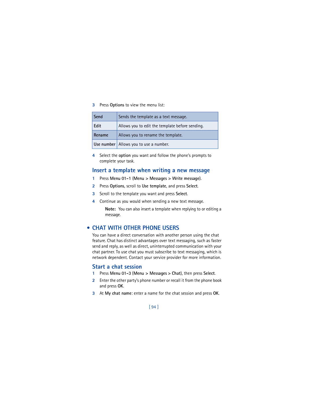 Nokia 3361 warranty Insert a template when writing a new message, Chat with Other Phone Users, Start a chat session 