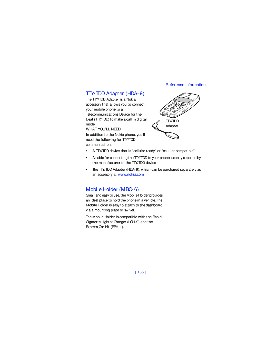 Nokia 3361 warranty TTY/TDD Adapter HDA-9, Mobile Holder MBC-6, What YOU’LL Need, 135 