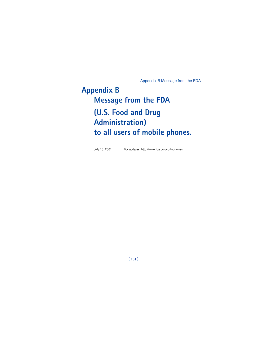 Nokia 3361 warranty Appendix B Message from the FDA, 151 