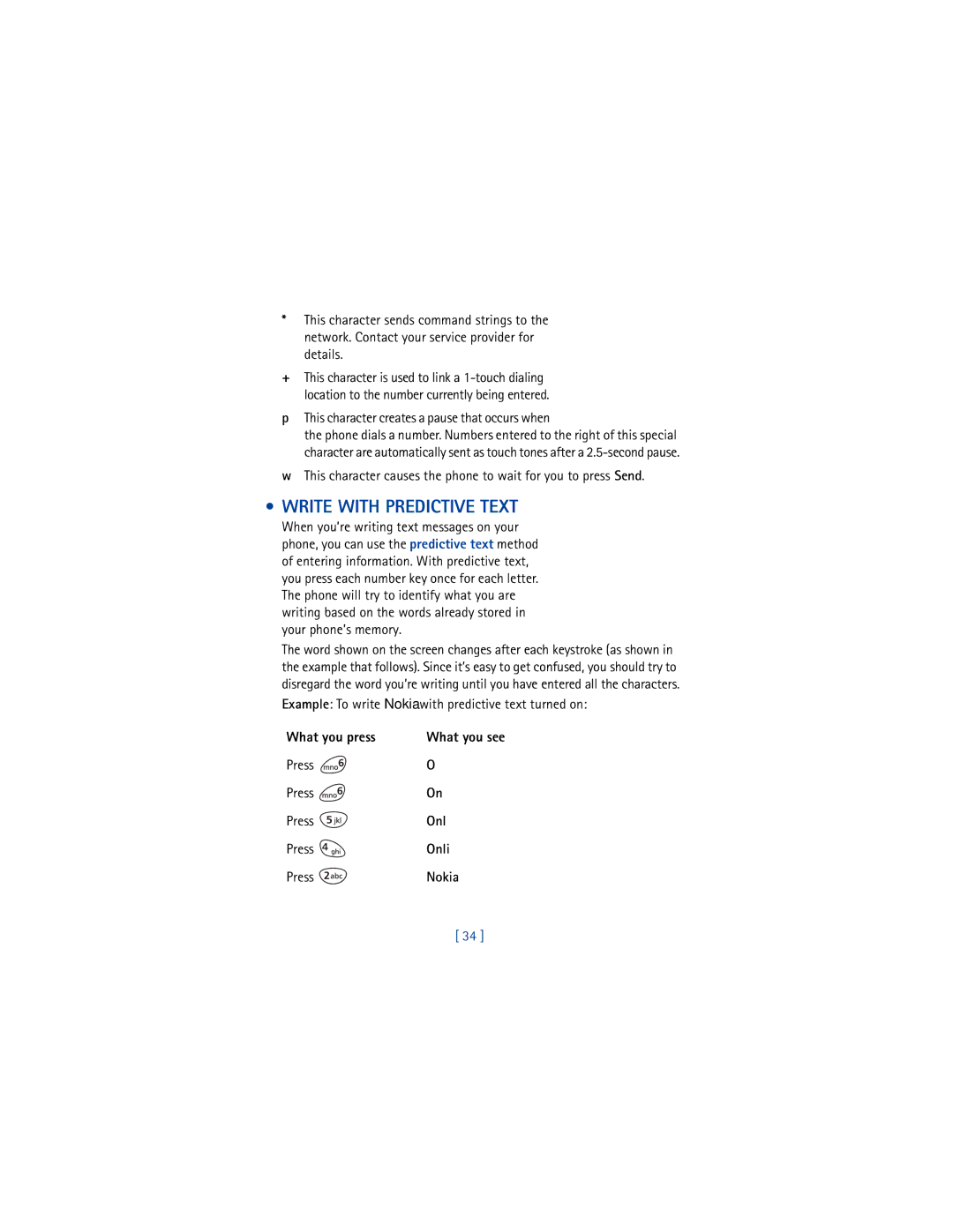 Nokia 3361 warranty Write with Predictive Text, This character creates a pause that occurs when, What you press 