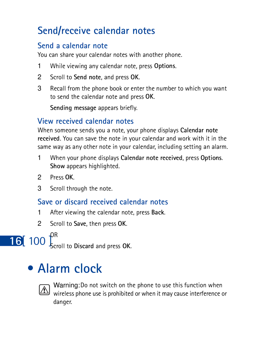 Nokia 3390 manual Alarm clock, Send/receive calendar notes, Send a calendar note, View received calendar notes 