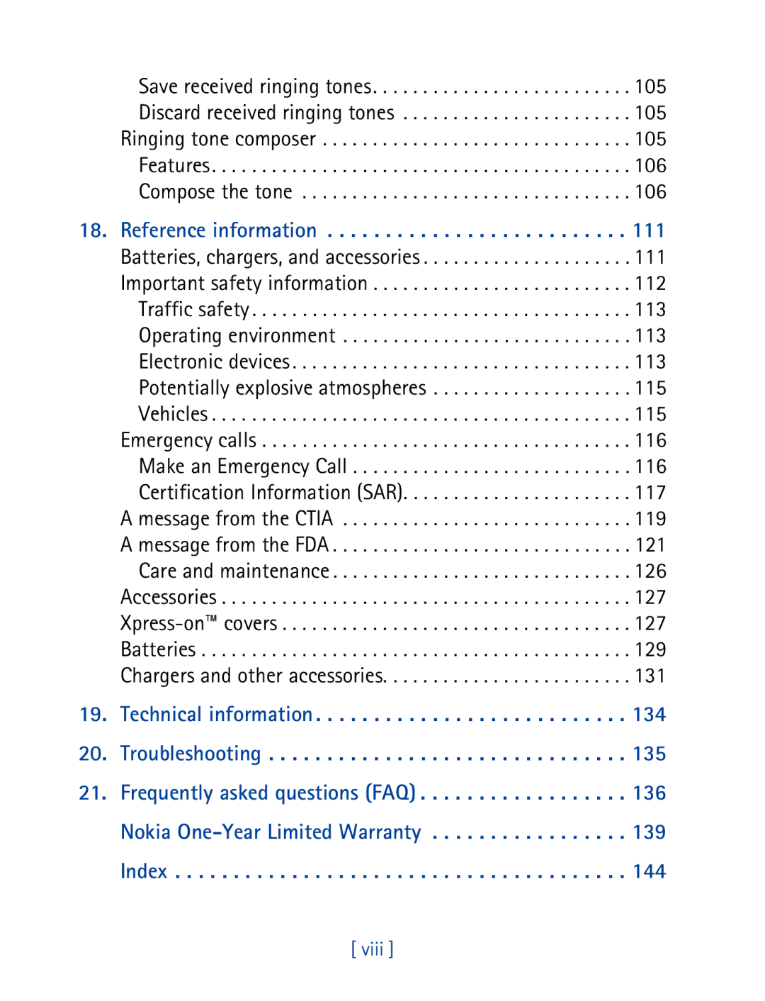 Nokia 3390 manual Reference information, Viii 