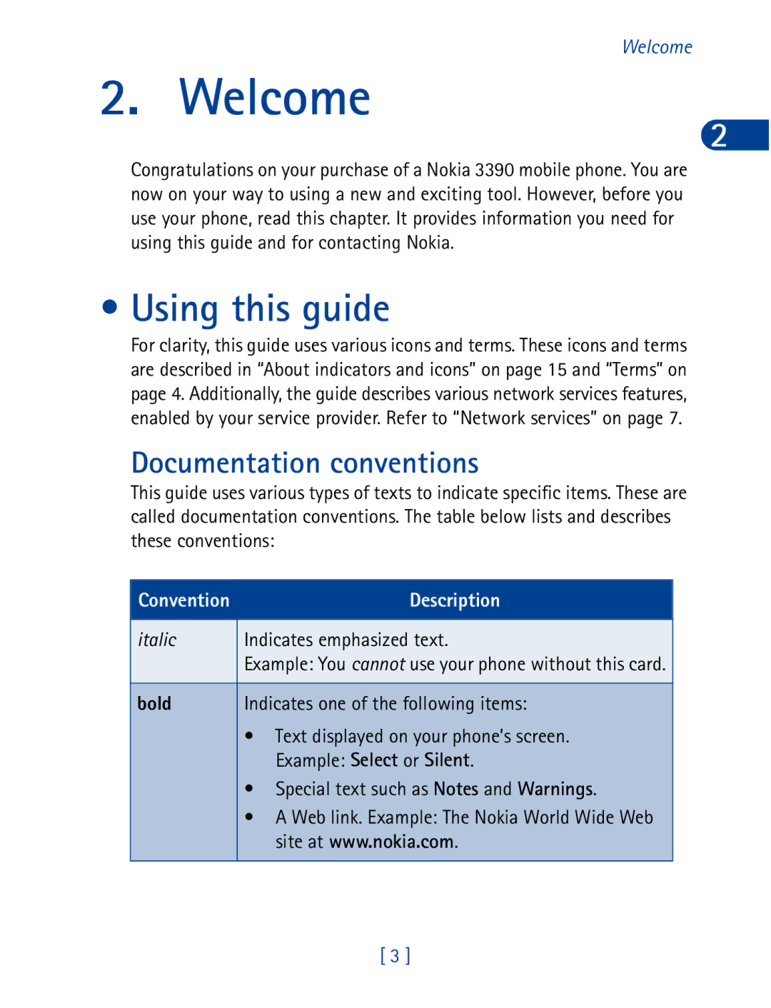 Nokia 3390 manual Welcome, Using this guide, Documentation conventions 