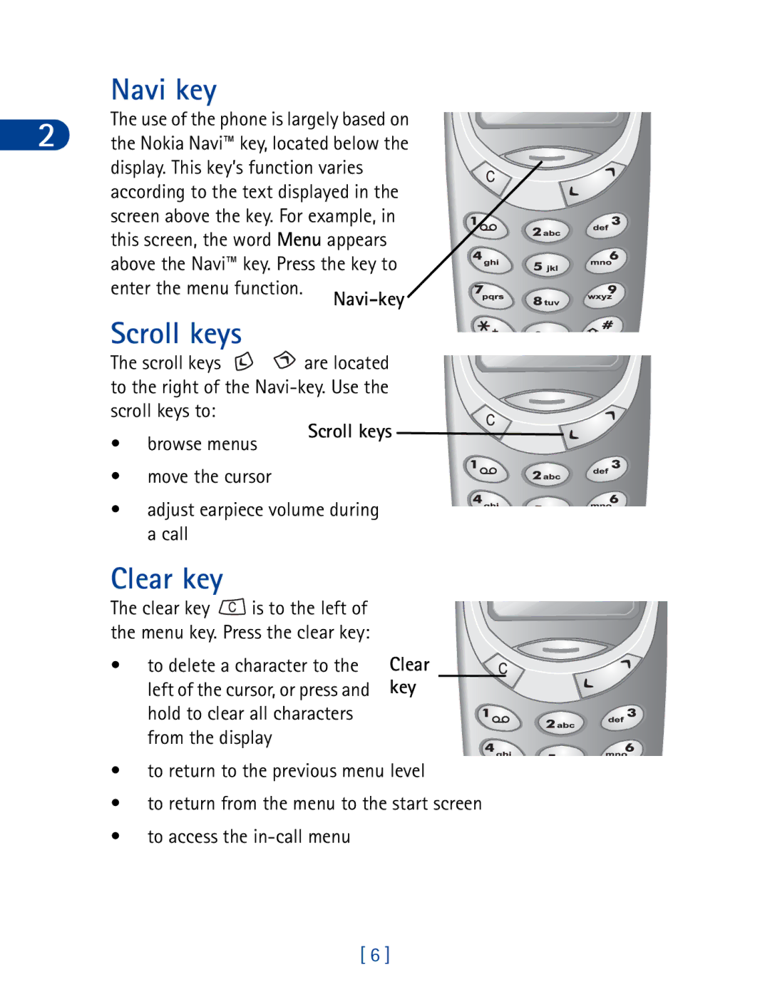 Nokia 3390 manual Navi key, Scroll keys, Clear key, Navi-key 