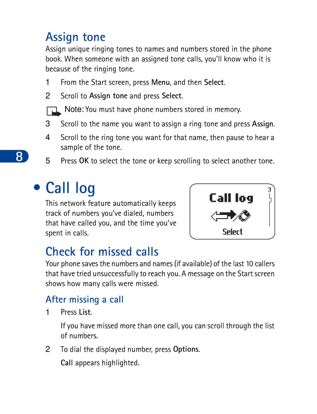 Nokia 3390 manual Call log, Assign tone, Check for missed calls, After missing a call 