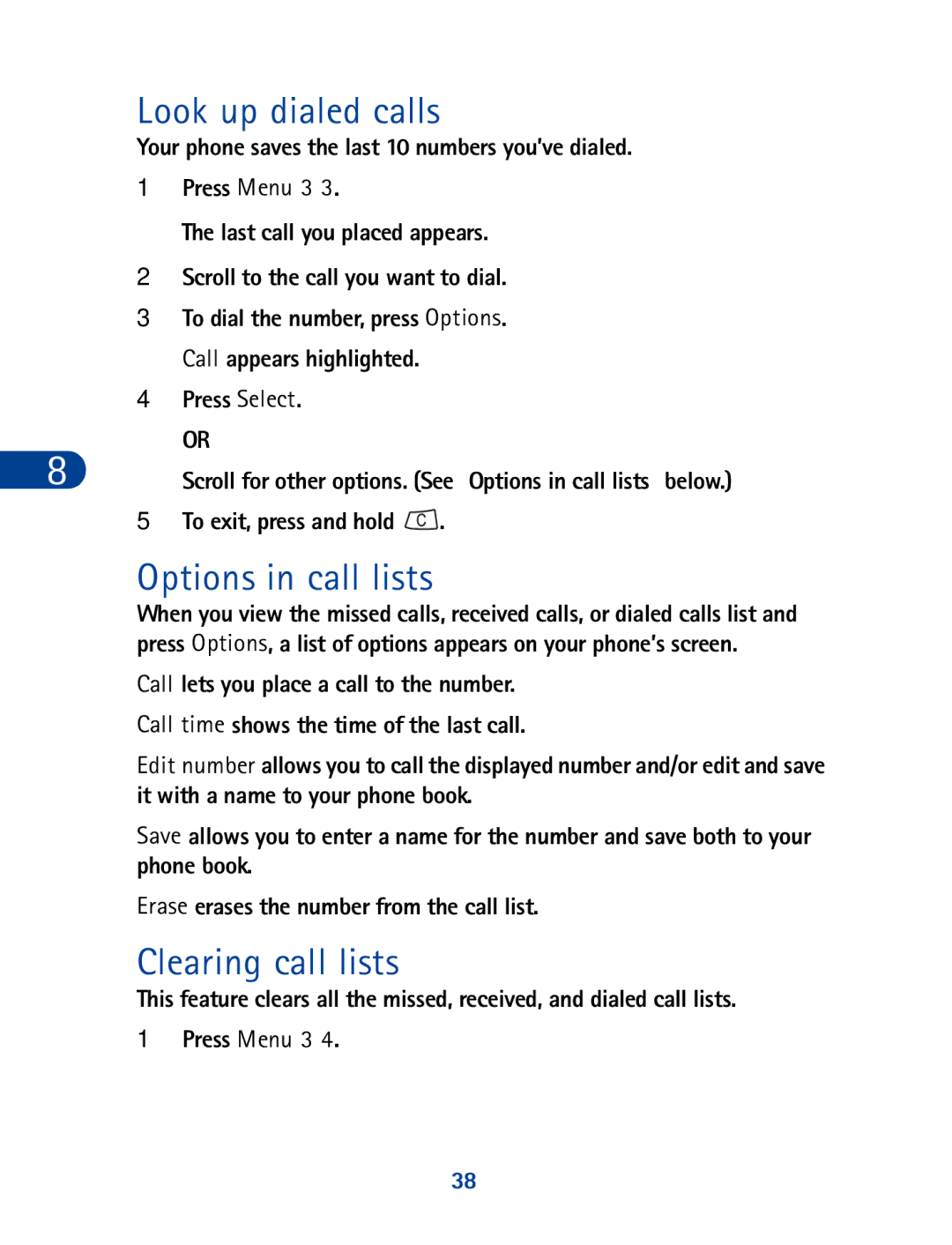 Nokia 3390 manual Look up dialed calls, Options in call lists, Clearing call lists 