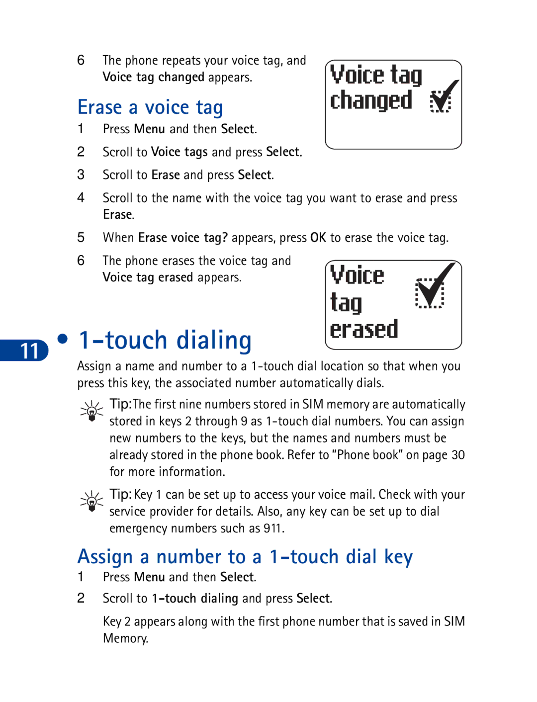 Nokia 3390 manual 11 1-touch dialing, Erase a voice tag, Assign a number to a 1-touch dial key 