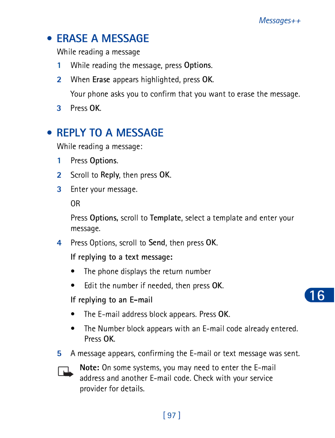 Nokia 3395 manual Erase a Message, Reply to a Message, If replying to a text message, If replying to an E-mail 