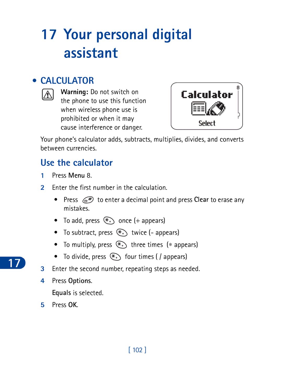 Nokia 3395 manual Your personal digital assistant, Calculator, Use the calculator, 102 