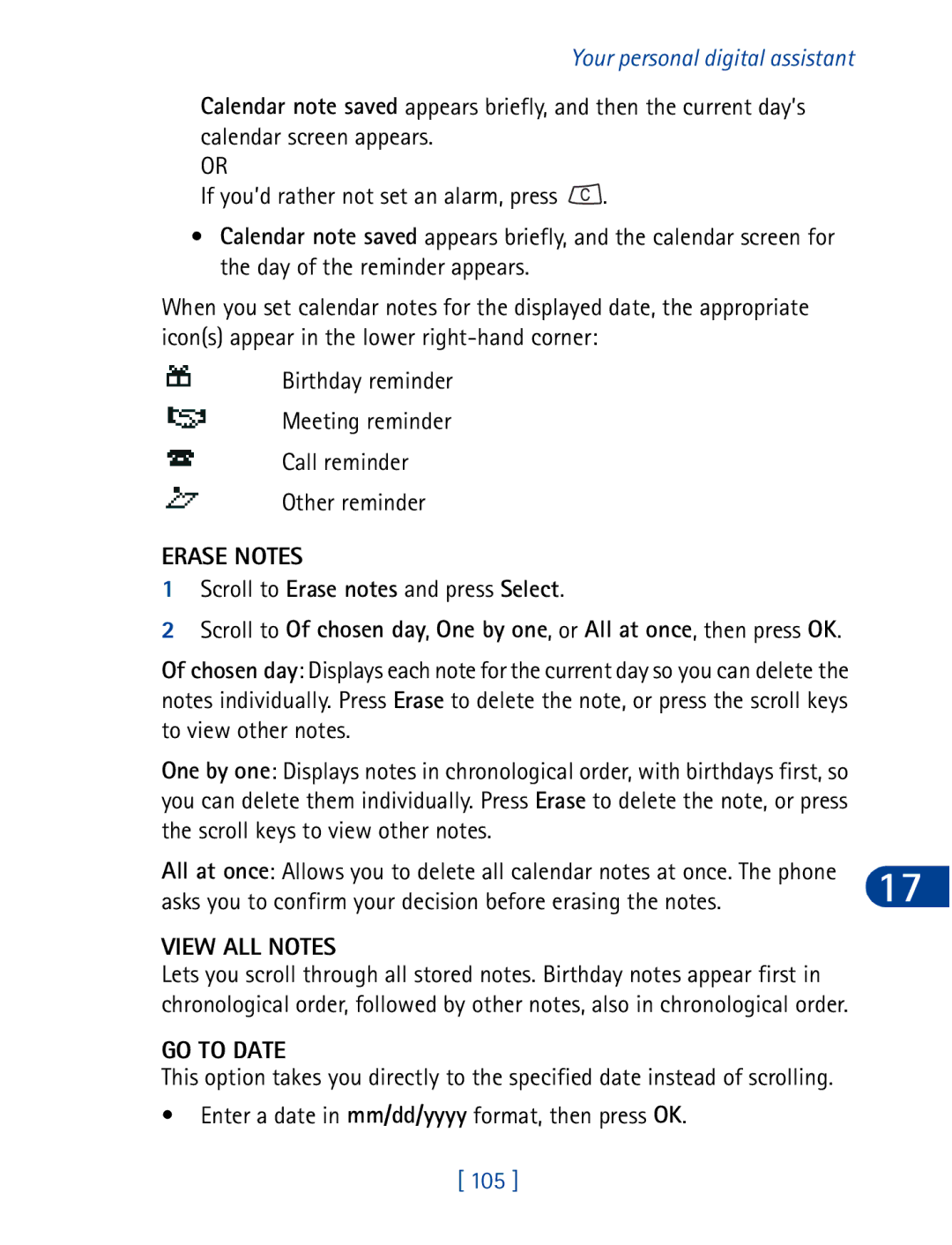 Nokia 3395 manual Erase Notes, Asks you to confirm your decision before erasing the notes, View ALL Notes, GO to Date, 105 