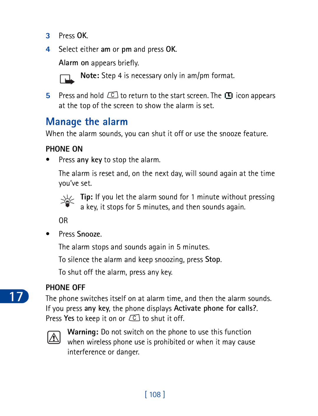 Nokia 3395 manual Manage the alarm, Phone on, Phone OFF, 108 