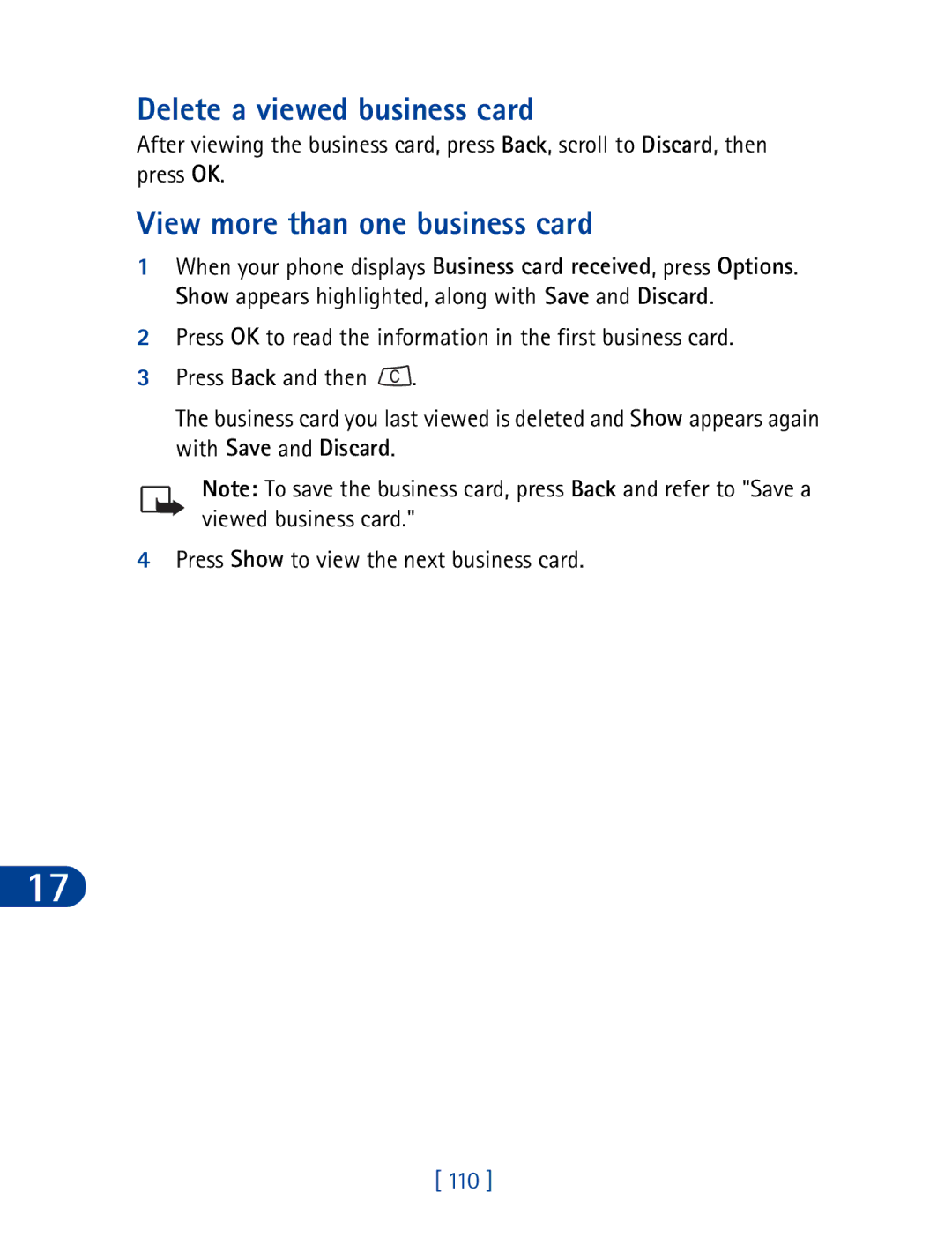 Nokia 3395 manual Delete a viewed business card, View more than one business card, 110 