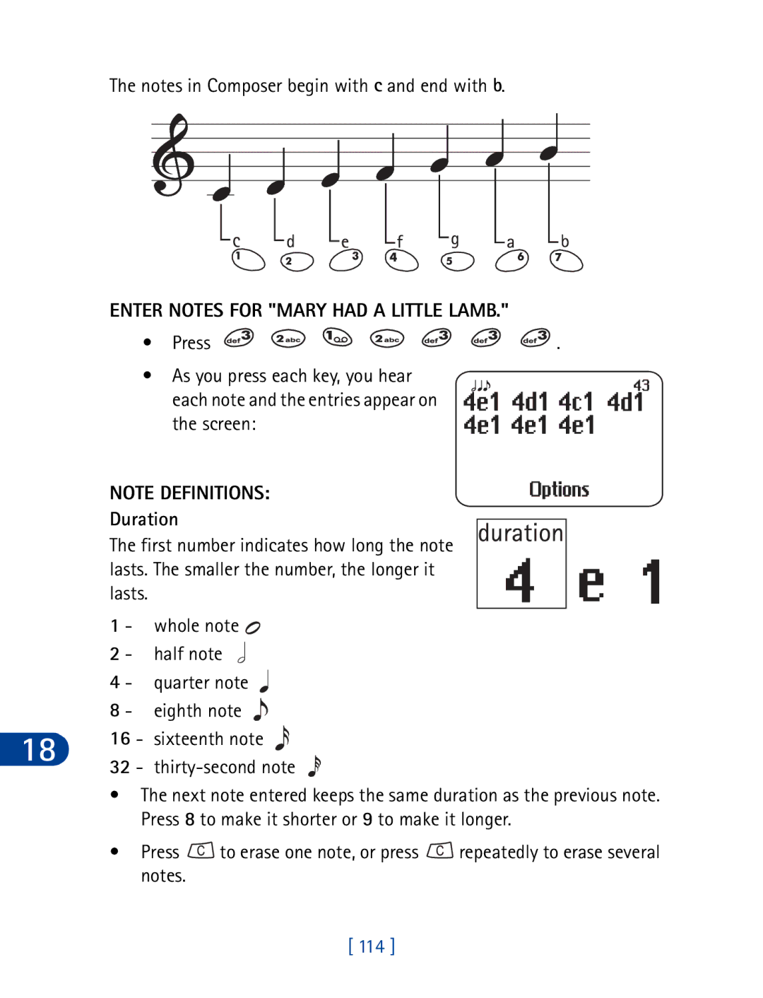 Nokia 3395 manual Enter Notes for Mary had a Little Lamb, Duration, 114 