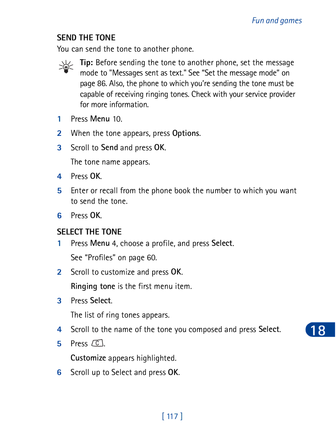 Nokia 3395 manual Send the Tone, Select the Tone, 117 