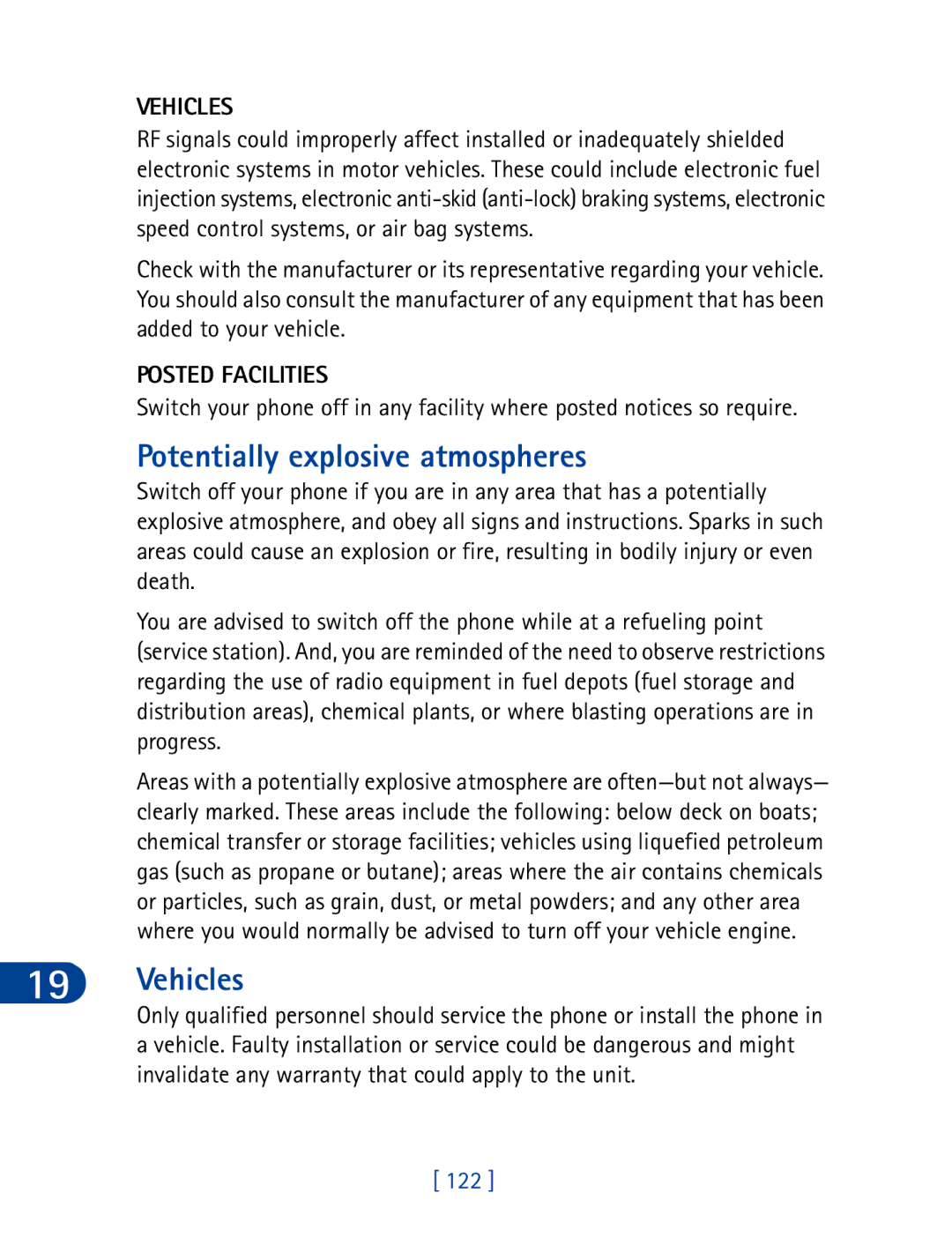 Nokia 3395 manual Potentially explosive atmospheres, Vehicles, Posted Facilities, 122 