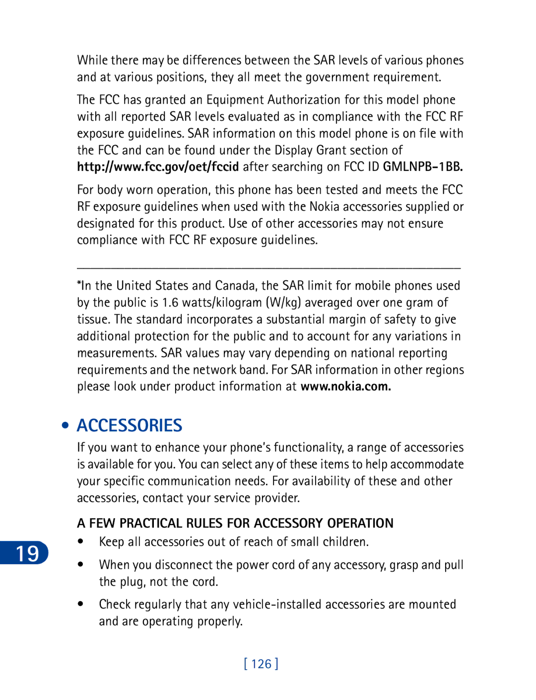 Nokia 3395 manual Accessories, FEW Practical Rules for Accessory Operation, 126 