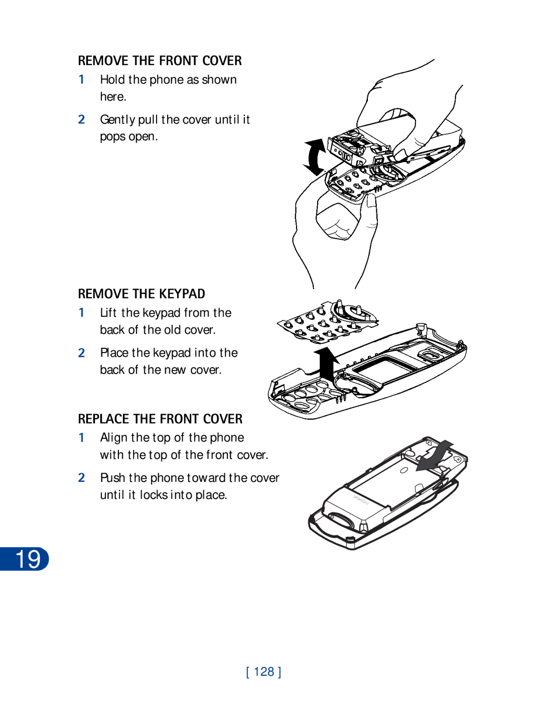 Nokia 3395 manual Remove the Front Cover, Remove the Keypad, Replace the Front Cover, 128 