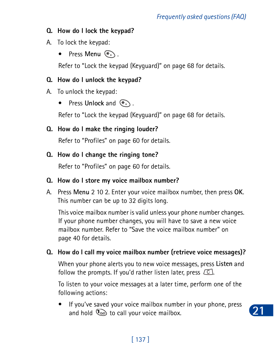 Nokia 3395 manual How do I lock the keypad?, How do I unlock the keypad?, How do I store my voice mailbox number?, 137 