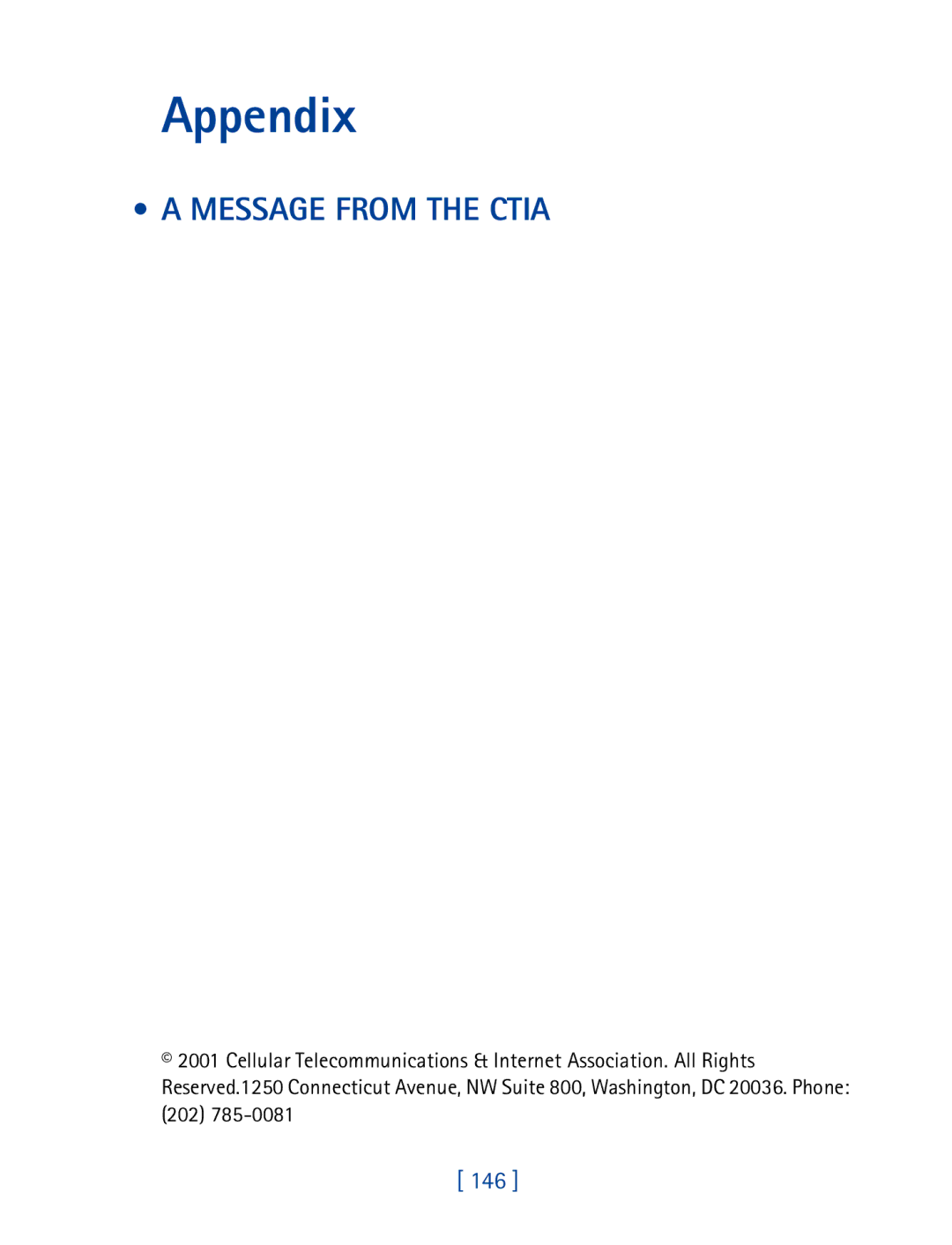 Nokia 3395 manual Appendix, Message from the Ctia, 146 