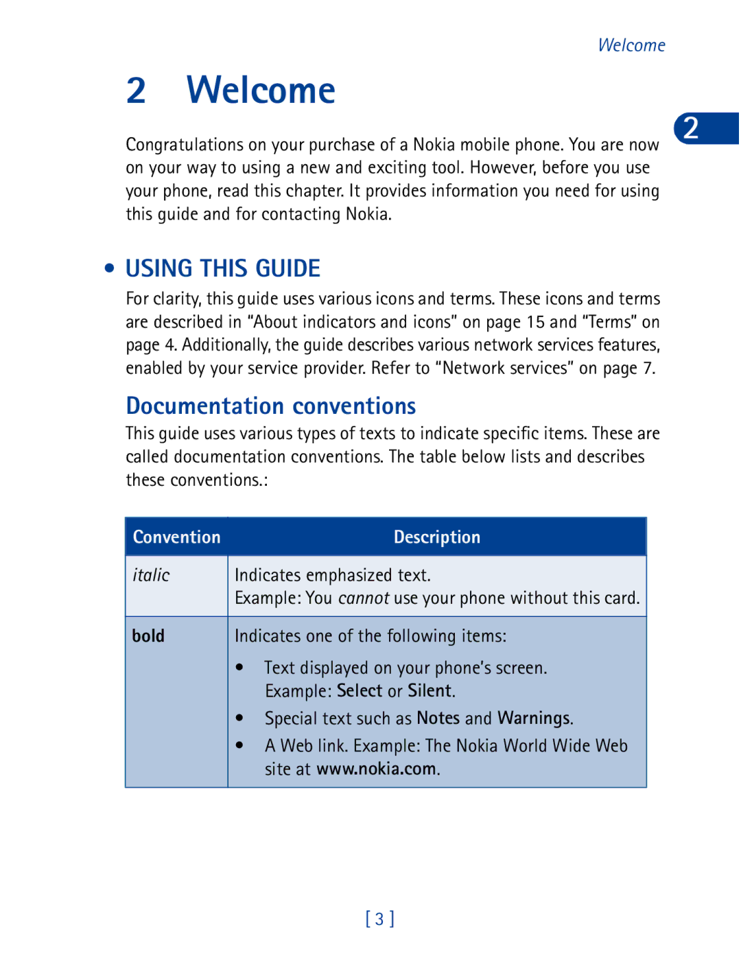 Nokia 3395 manual Welcome, Using this Guide, Documentation conventions 