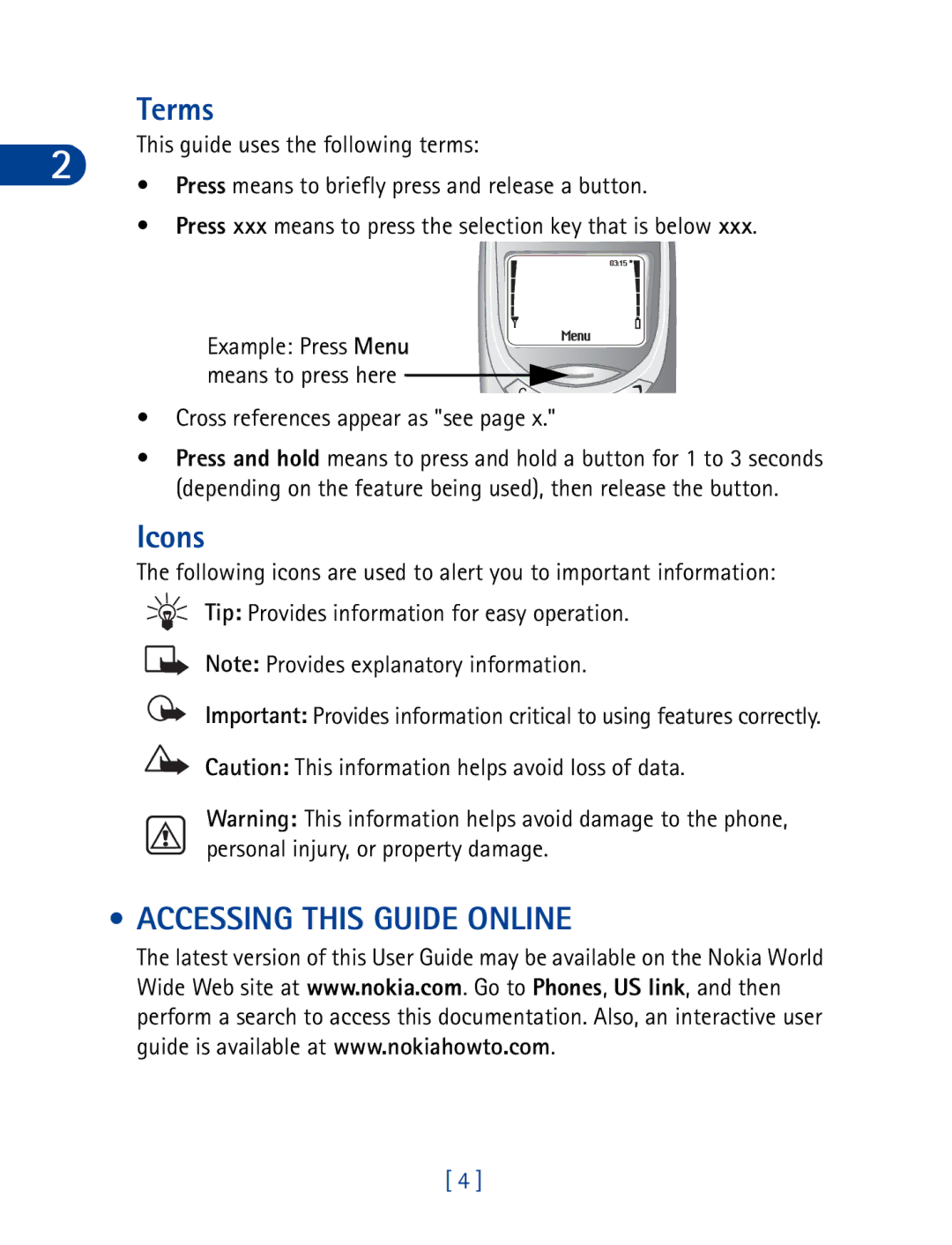 Nokia 3395 manual Terms, Icons, Accessing this Guide Online 