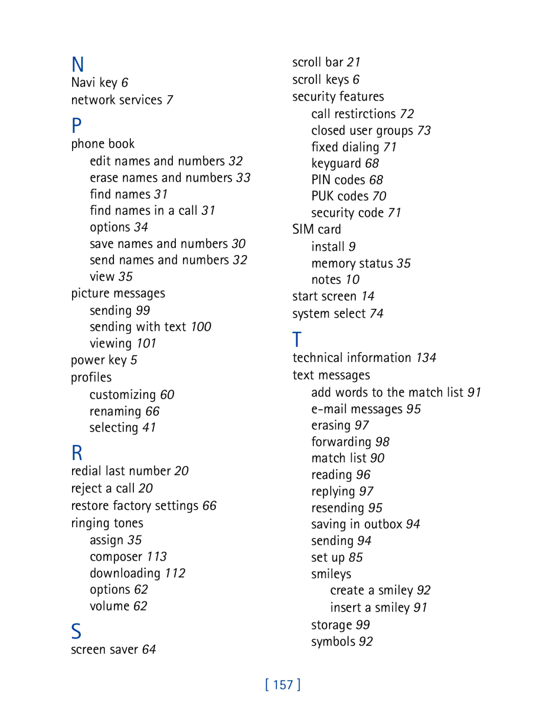 Nokia 3395 manual Phone book, Find names in a call 31 options, SIM card install 9 memory status 35 notes, 157 