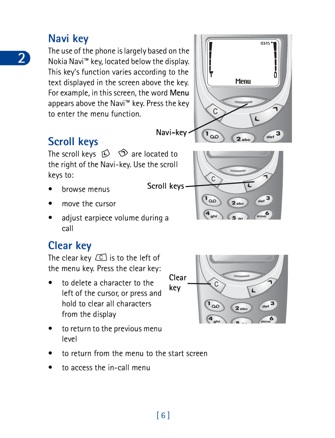 Nokia 3395 manual Navi key, Scroll keys, Clear key 